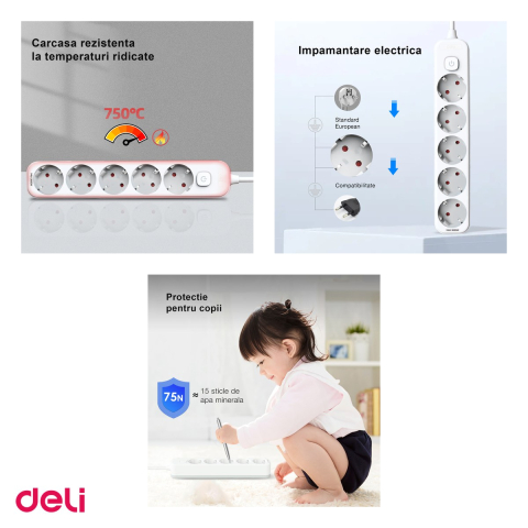 Prelungitor Deli cu 5 prize cu impamantare, cablu 1.8 m, intrerupator cu LED, protectie pentru copii [3]