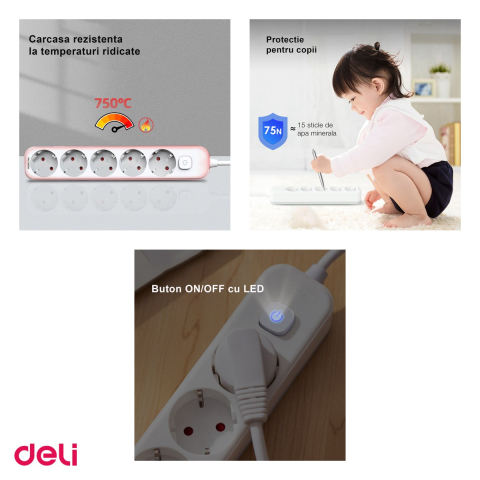 Prelungitor Deli cu 5 prize cu impamantare, cablu 3 m, intrerupator cu LED, protectie pentru copii [3]