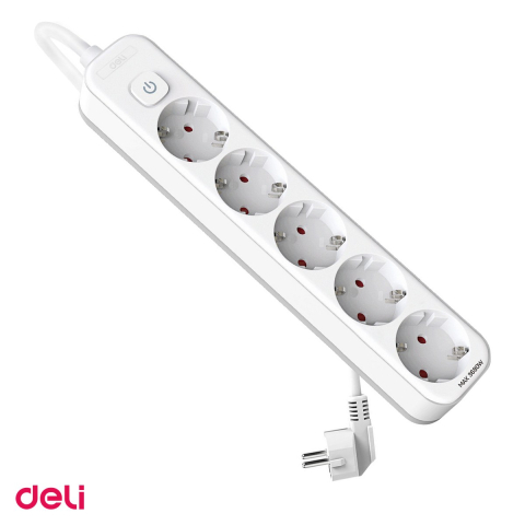 Prize electrice - Prelungitor Deli cu 5 prize cu impamantare, cablu 3 m, intrerupator cu LED, protectie pentru copii