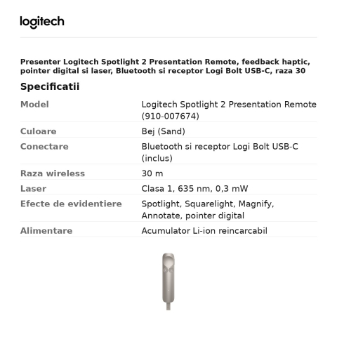 Presenter Logitech Spotlight 2 Presentation Remote, feedback haptic, pointer digital si laser, Bluetooth si receptor Logi Bolt USB-C, raza 30 m, acumulator, bej, 910-007674 [2]