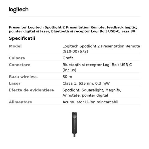 Presenter Logitech Spotlight 2 Presentation Remote, feedback haptic, pointer digital si laser, Bluetooth si receptor Logi Bolt USB-C, raza 30 m, acumulator, grafit, 910-007672 [2]