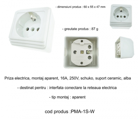 Priza electrica, montaj aparent, 16A, 250V, schuko, suport ceramic, alba [5]