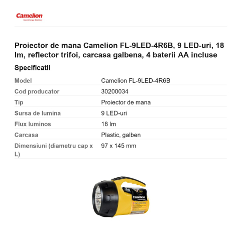 Proiector de mana Camelion FL-9LED-4R6B, 9 LED-uri, 18 lm, reflector trifoi, carcasa galbena, 4 baterii AA incluse [2]