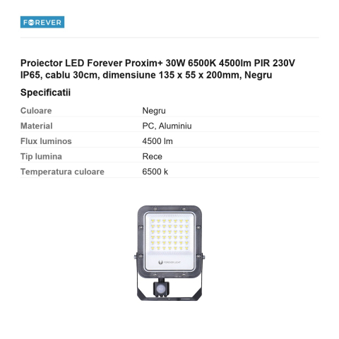 Proiector LED Forever Proxim+ 30W 6500K 4500lm PIR 230V IP65, cablu 30cm, dimensiune 135 x 55 x 200mm, Negru [2]
