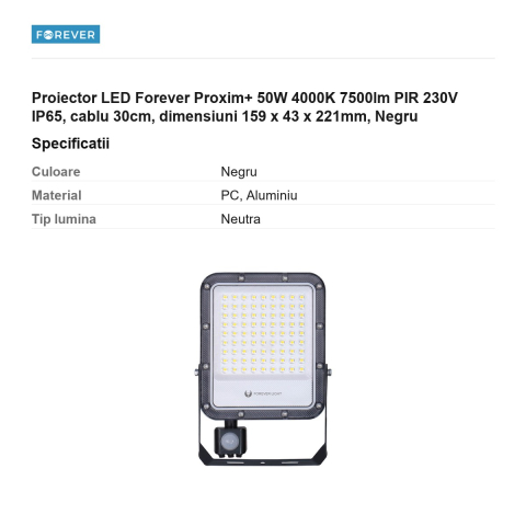 Proiector LED Forever Proxim+ 50W 4000K 7500lm PIR 230V IP65, cablu 30cm, dimensiuni 159 x 43 x 221mm, Negru [2]
