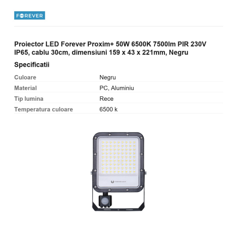 Proiector LED Forever Proxim+ 50W 6500K 7500lm PIR 230V IP65, cablu 30cm, dimensiuni 159 x 43 x 221mm, Negru [2]