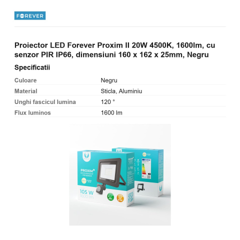 Proiector LED Forever Proxim II 20W 4500K, 1600lm, cu senzor PIR IP66, dimensiuni 160 x 162 x 25mm, Negru [2]