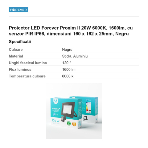 Proiector LED Forever Proxim II 20W 6000K, 1600lm, cu senzor PIR IP66, dimensiuni 160 x 162 x 25mm, Negru [2]