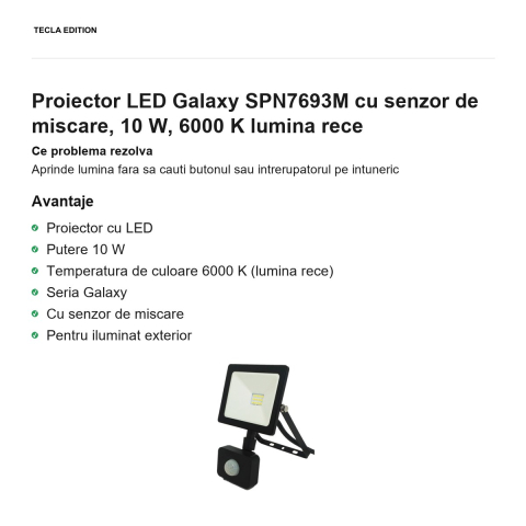 Proiector LED Galaxy SPN7693M cu senzor de miscare, 10 W, 6000 K lumina rece [1]