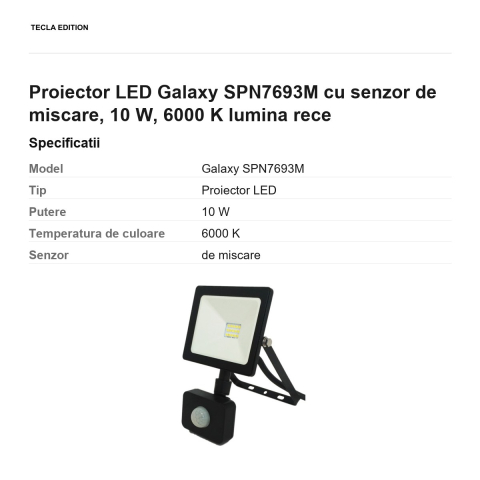 Proiector LED Galaxy SPN7693M cu senzor de miscare, 10 W, 6000 K lumina rece [2]