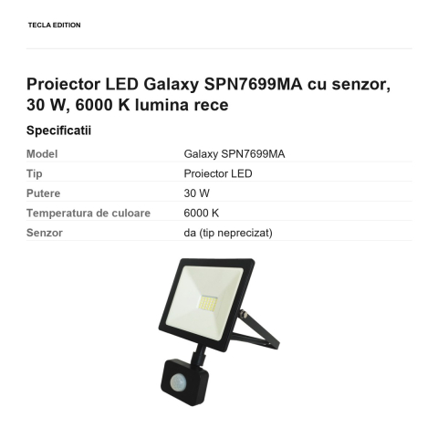 Proiector LED Galaxy SPN7699MA cu senzor, 30 W, 6000 K lumina rece [2]