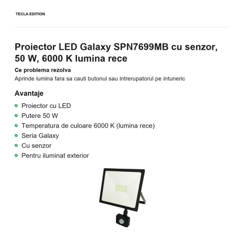Proiector LED Galaxy SPN7699MB cu senzor, 50 W, 6000 K lumina rece [1]