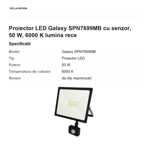 Proiector LED Galaxy SPN7699MB cu senzor, 50 W, 6000 K lumina rece [2]
