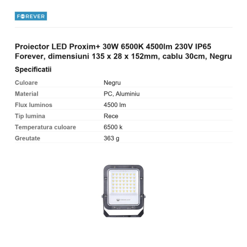 Proiector LED Proxim+ 30W 6500K 4500lm 230V IP65 Forever, dimensiuni 135 x 28 x 152mm, cablu 30cm, Negru [2]