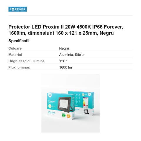 Proiector LED Proxim II 20W 4500K IP66 Forever, 1600lm, dimensiuni 160 x 121 x 25mm, Negru [2]