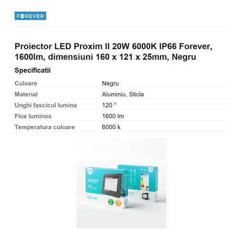 Proiector LED Proxim II 20W 6000K IP66 Forever, 1600lm, dimensiuni 160 x 121 x 25mm, Negru [2]