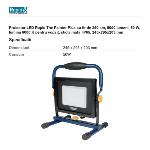 Proiector LED Rapid The Painter Plus cu fir de 250 cm, 5000 lumeni, 50 W, lumina 6000 K pentru vopsit, sticla mata, IP65, 245x295x203 mm [2]