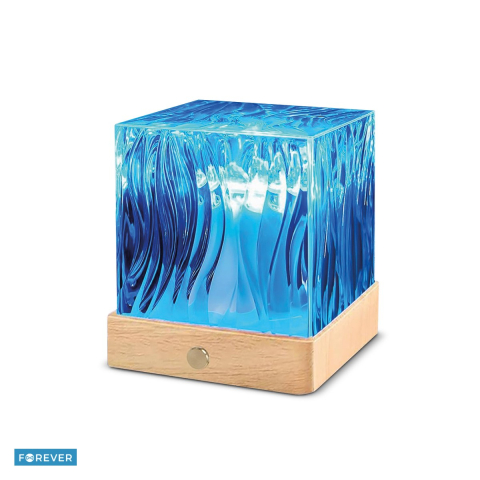 Lampa veghe - Proiector lumina ambientala LED RGB cu telecomanda, Forever Light Aurora FLP-10, 2000 mAh, 3W, port USB-C, material acril si lemn, dimensiuni 11x11x12 cm