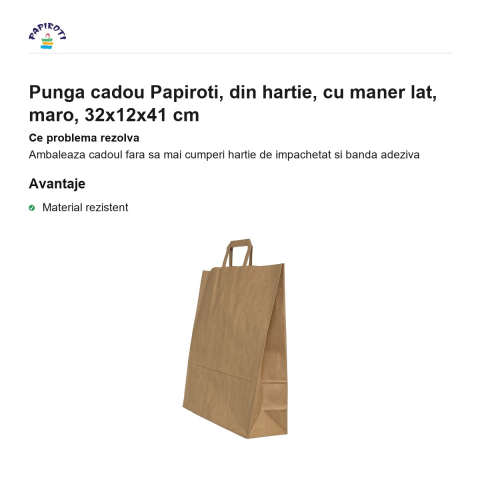 Punga cadou Papiroti, din hartie, cu maner lat, maro, 32x12x41 cm [1]