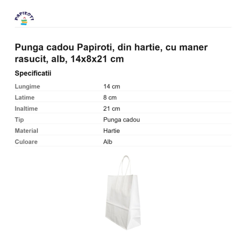 Punga cadou Papiroti, din hartie, cu maner rasucit, alb, 14x8x21 cm [2]