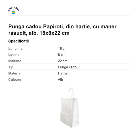 Punga cadou Papiroti, din hartie, cu maner rasucit, alb, 18x8x22 cm [2]