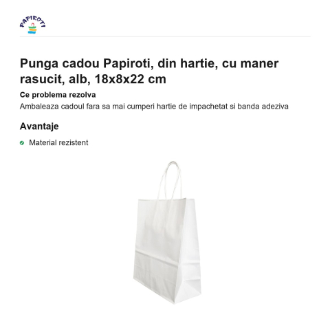 Punga cadou Papiroti, din hartie, cu maner rasucit, alb, 18x8x22 cm [1]