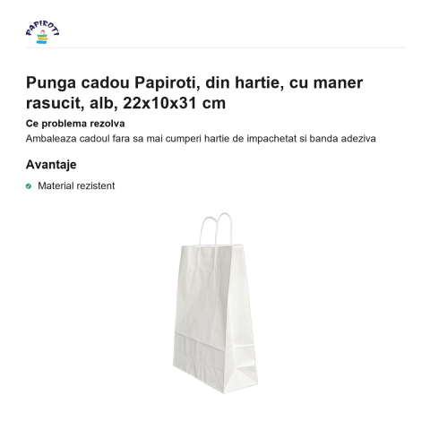 Punga cadou Papiroti, din hartie, cu maner rasucit, alb, 22x10x31 cm [1]