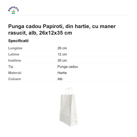 Punga cadou Papiroti, din hartie, cu maner rasucit, alb, 26x12x35 cm [2]