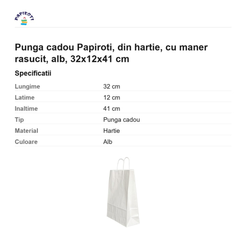 Punga cadou Papiroti, din hartie, cu maner rasucit, alb, 32x12x41 cm [2]
