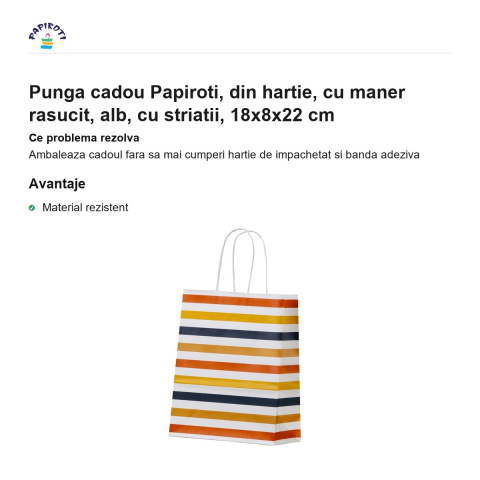 Punga cadou Papiroti, din hartie, cu maner rasucit, alb, cu striatii, 18x8x22 cm [1]