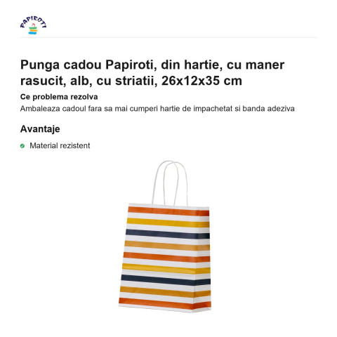 Punga cadou Papiroti, din hartie, cu maner rasucit, alb, cu striatii, 26x12x35 cm [1]