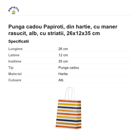 Punga cadou Papiroti, din hartie, cu maner rasucit, alb, cu striatii, 26x12x35 cm [2]
