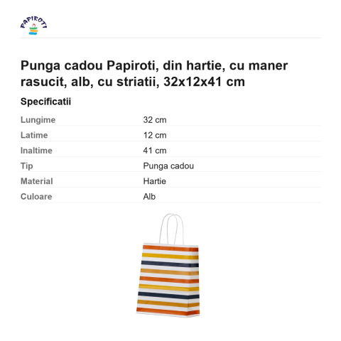 Punga cadou Papiroti, din hartie, cu maner rasucit, alb, cu striatii, 32x12x41 cm [2]