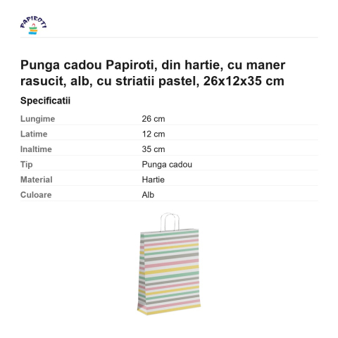 Punga cadou Papiroti, din hartie, cu maner rasucit, alb, cu striatii pastel, 26x12x35 cm [2]