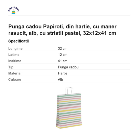 Punga cadou Papiroti, din hartie, cu maner rasucit, alb, cu striatii pastel, 32x12x41 cm [2]
