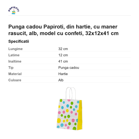 Punga cadou Papiroti, din hartie, cu maner rasucit, alb, model cu confeti, 32x12x41 cm [2]