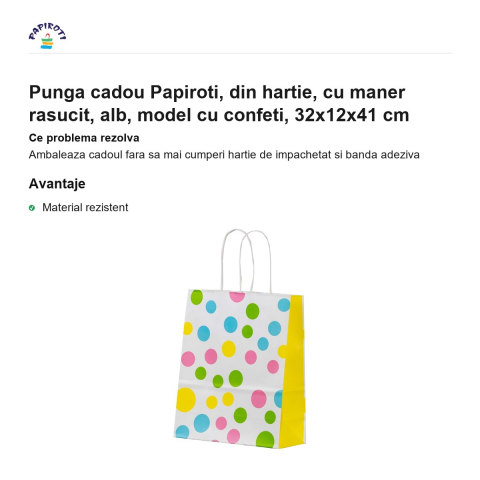 Punga cadou Papiroti, din hartie, cu maner rasucit, alb, model cu confeti, 32x12x41 cm [1]