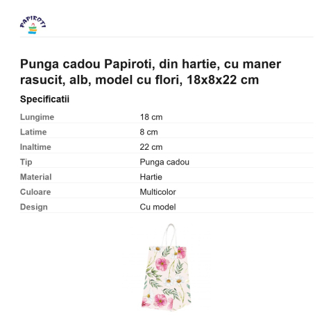 Punga cadou Papiroti, din hartie, cu maner rasucit, alb, model cu flori, 18x8x22 cm [2]