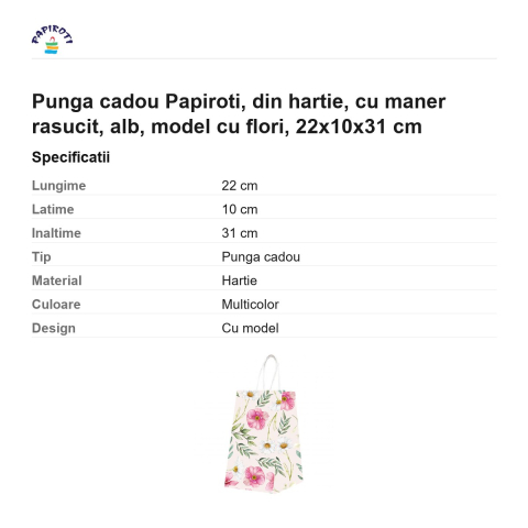Punga cadou Papiroti, din hartie, cu maner rasucit, alb, model cu flori, 22x10x31 cm [2]