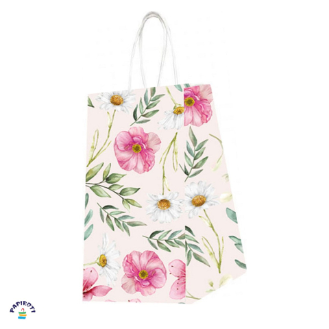 Ambalaje cadouri - Punga cadou Papiroti, din hartie, cu maner rasucit, alb, model cu flori, 32x12x41 cm