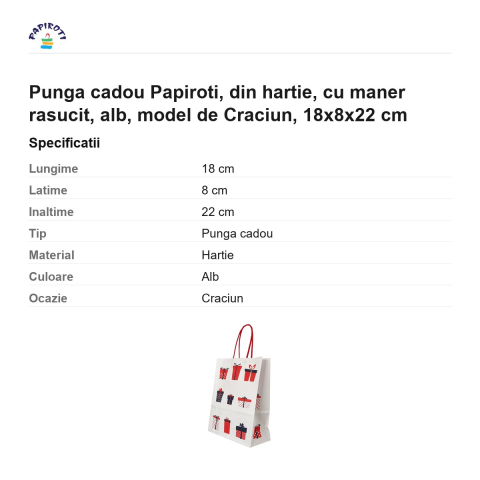 Punga cadou Papiroti, din hartie, cu maner rasucit, alb, model de Craciun, 18x8x22 cm [2]