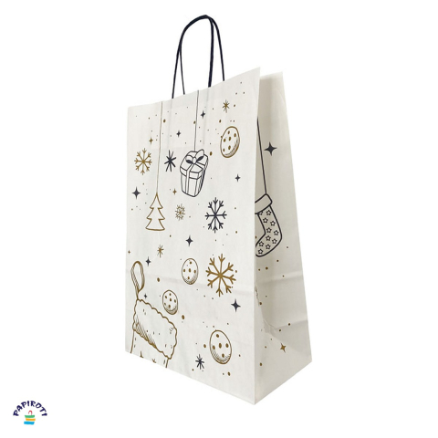 Ambalaje cadouri - Punga cadou Papiroti, din hartie, cu maner rasucit, alb, model de Craciun, 26x12x35 cm