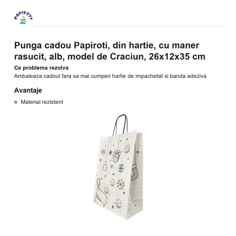 Punga cadou Papiroti, din hartie, cu maner rasucit, alb, model de Craciun, 26x12x35 cm [1]