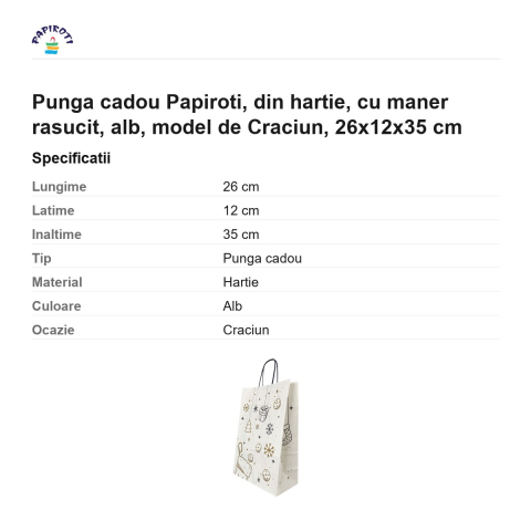 Punga cadou Papiroti, din hartie, cu maner rasucit, alb, model de Craciun, 26x12x35 cm [2]