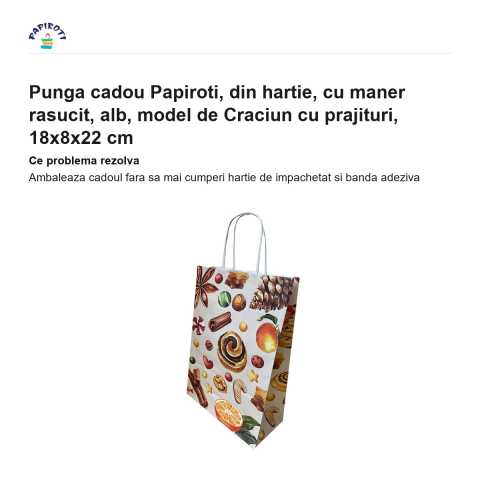 Punga cadou Papiroti, din hartie, cu maner rasucit, alb, model de Craciun cu prajituri, 18x8x22 cm [1]