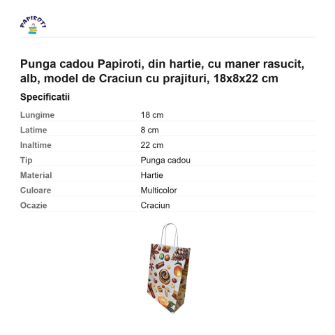 Punga cadou Papiroti, din hartie, cu maner rasucit, alb, model de Craciun cu prajituri, 18x8x22 cm [2]
