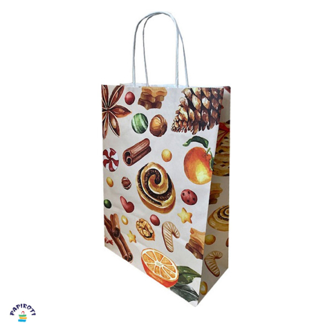 Ambalaje cadouri - Punga cadou Papiroti, din hartie, cu maner rasucit, alb, model de Craciun cu prajituri, 32x12x41 cm