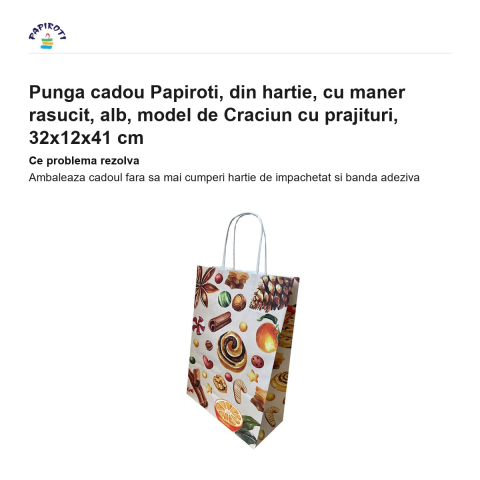 Punga cadou Papiroti, din hartie, cu maner rasucit, alb, model de Craciun cu prajituri, 32x12x41 cm [1]