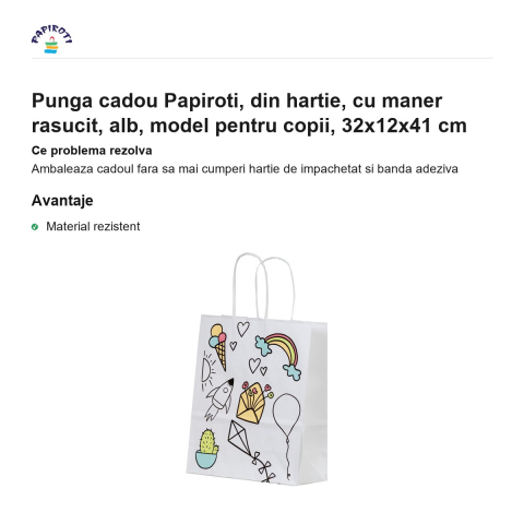 Punga cadou Papiroti, din hartie, cu maner rasucit, alb, model pentru copii, 32x12x41 cm [1]