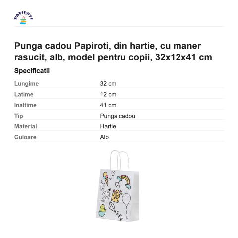 Punga cadou Papiroti, din hartie, cu maner rasucit, alb, model pentru copii, 32x12x41 cm [2]